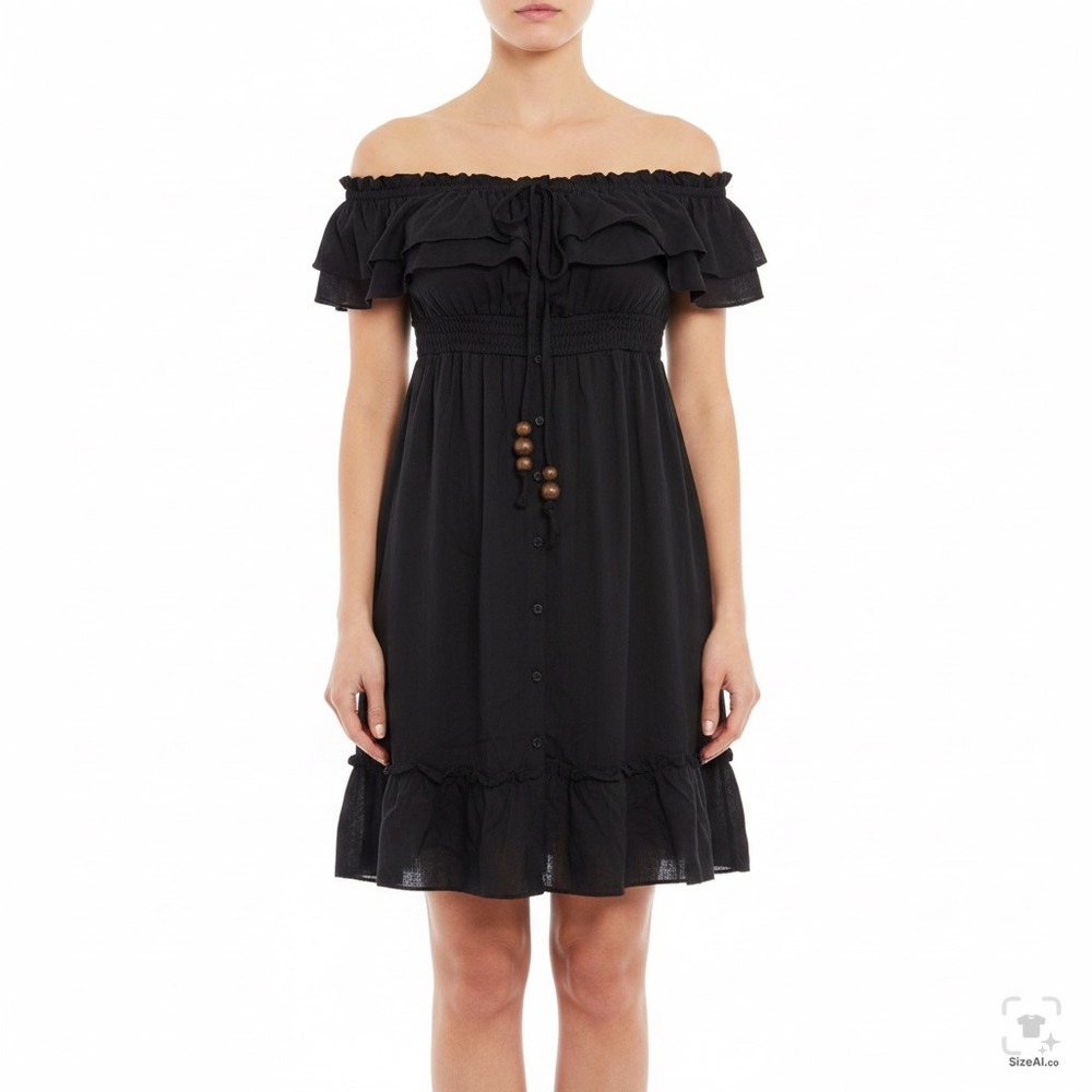 Red Paint Women Large Black Off the Shoulder Ruffle Wood Bead Boho Mini Dress